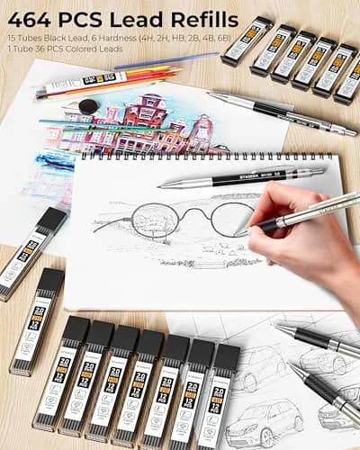 STAGEEK Mechanical Pencil Set with Canvas Bag, 0.5mm, 0.7mm, 0.9mm, 2.0mm & 464 Lead Refills | Smooth Writing for Students & Professionals thumbnail 6