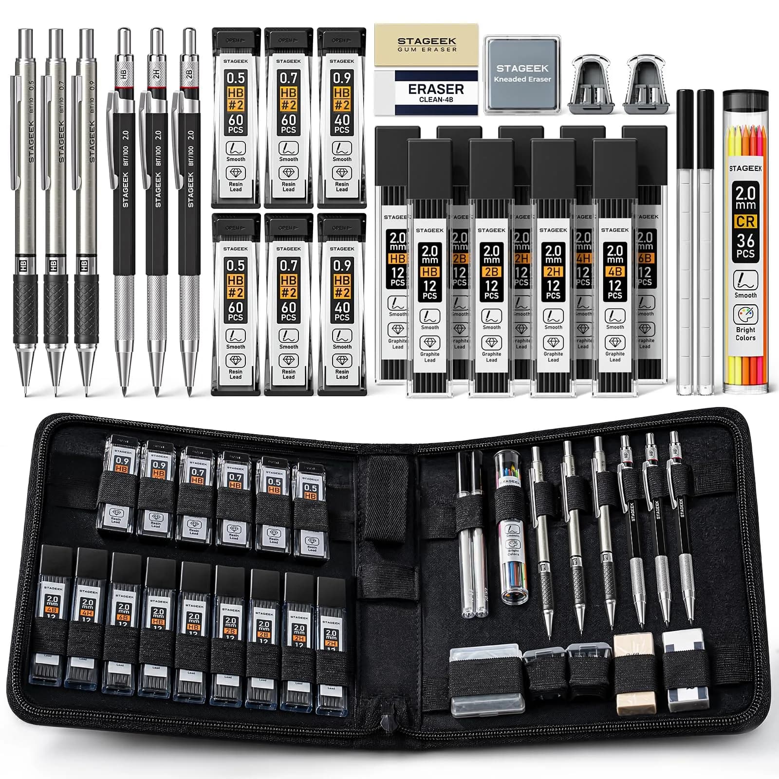 STAGEEK Mechanical Pencil Set with Case, 430g (0.95 lb) | 37 Pieces, 5 Models, 492 Leads — 0.5, 0.7, 0.9, 2MM with Canvas Bag