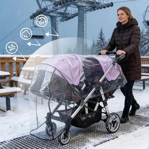 HSJH Double Stroller Rain Cover | Waterproof Weather Shield for Tandem Twin Strollers with Large See-Through Window thumbnail 3