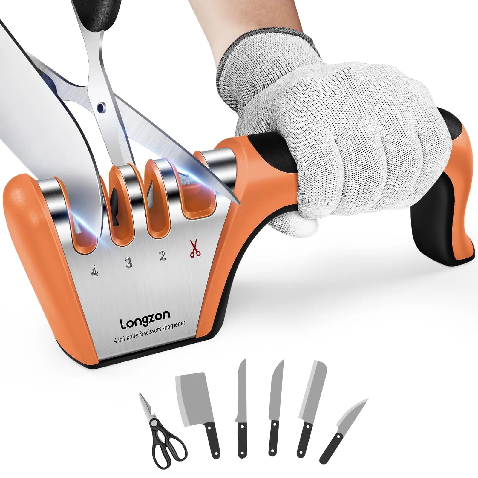 Longzon 4-Stage Knife Sharpener with Cut-Resistant Glove, Black+Orange | Restores Dull Blades in Seconds