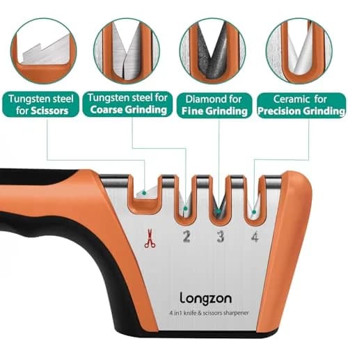 Longzon 4-Stage Knife Sharpener with Cut-Resistant Glove, Black+Orange | Restores Dull Blades in Seconds thumbnail 2