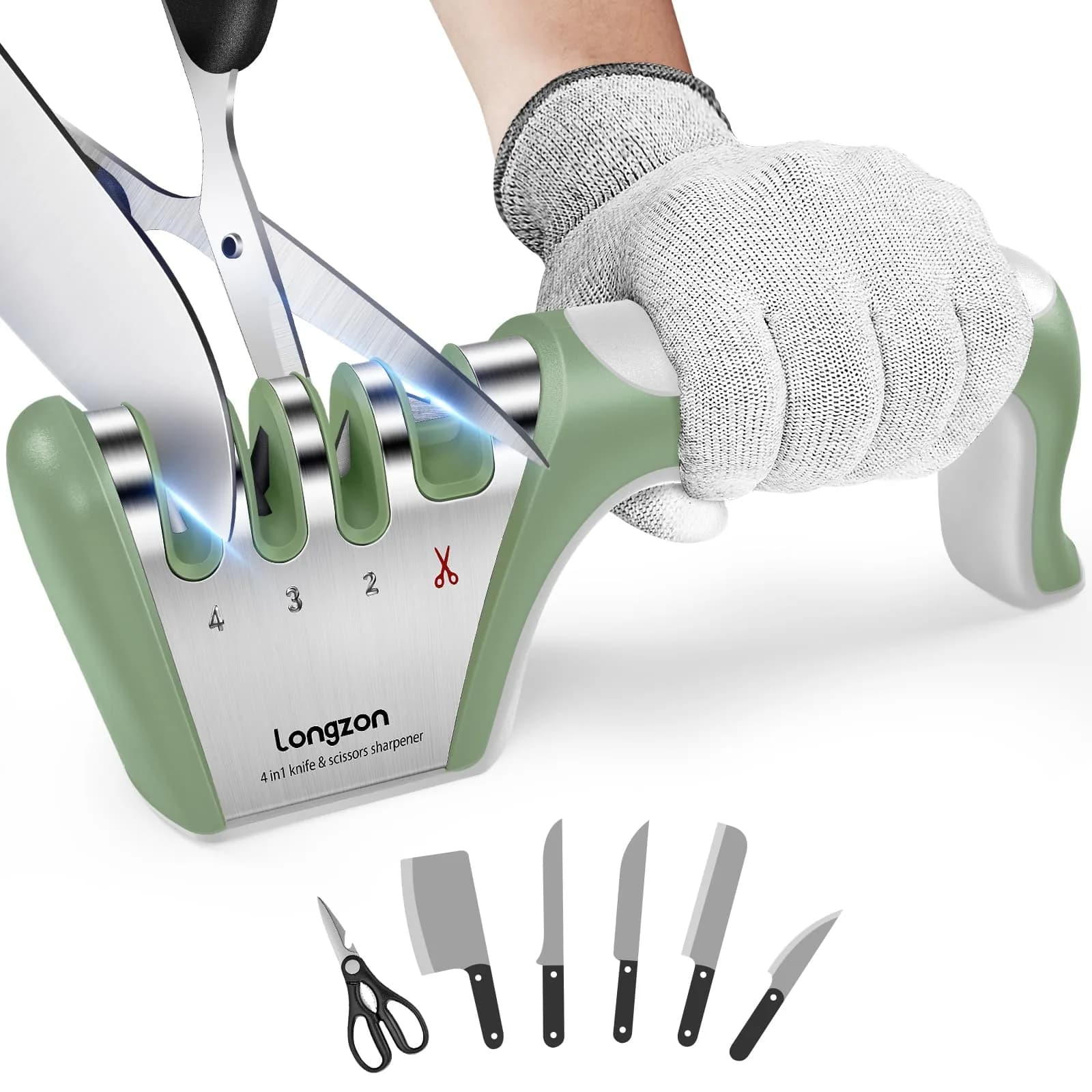 Longzon 4-Stage Knife Sharpener with Glove | 22.9 cm (9.06") — Gray+Green