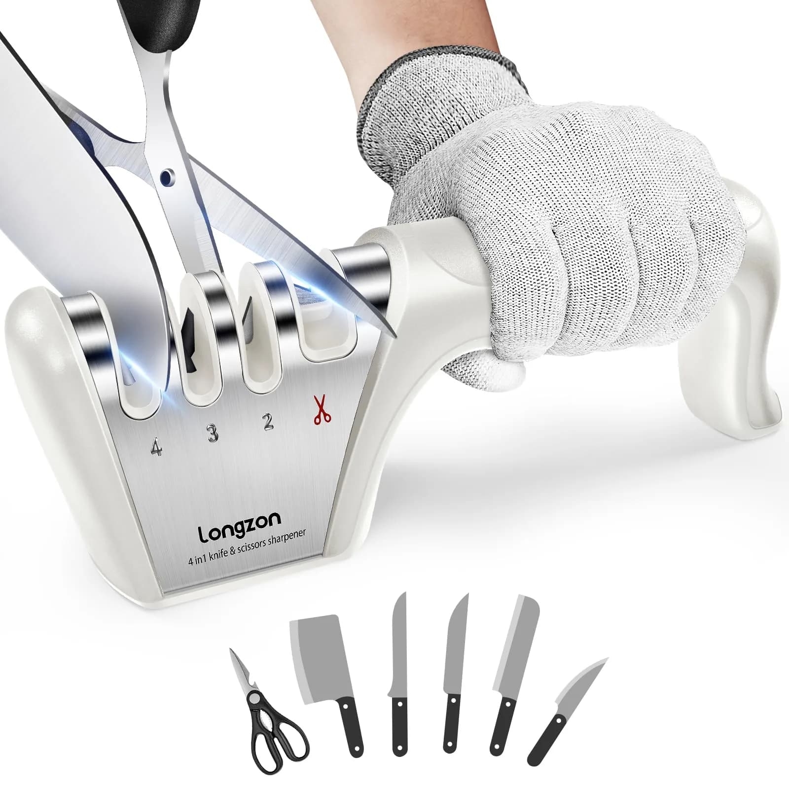 Longzon 4-Stage Knife Sharpener with Cut-Resistant Glove, Off-White | Restores Dull Blades in Seconds