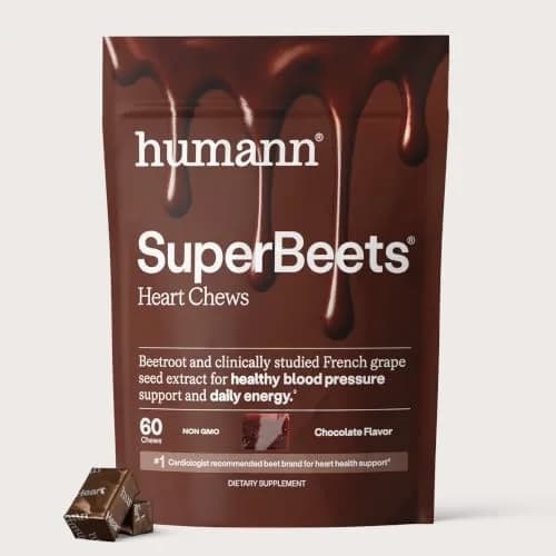 Humann SuperBeets Heart Chews Chocolate Flavor 60 Count (1.7 oz) | Nitric Oxide & Blood Pressure Support thumbnail 1