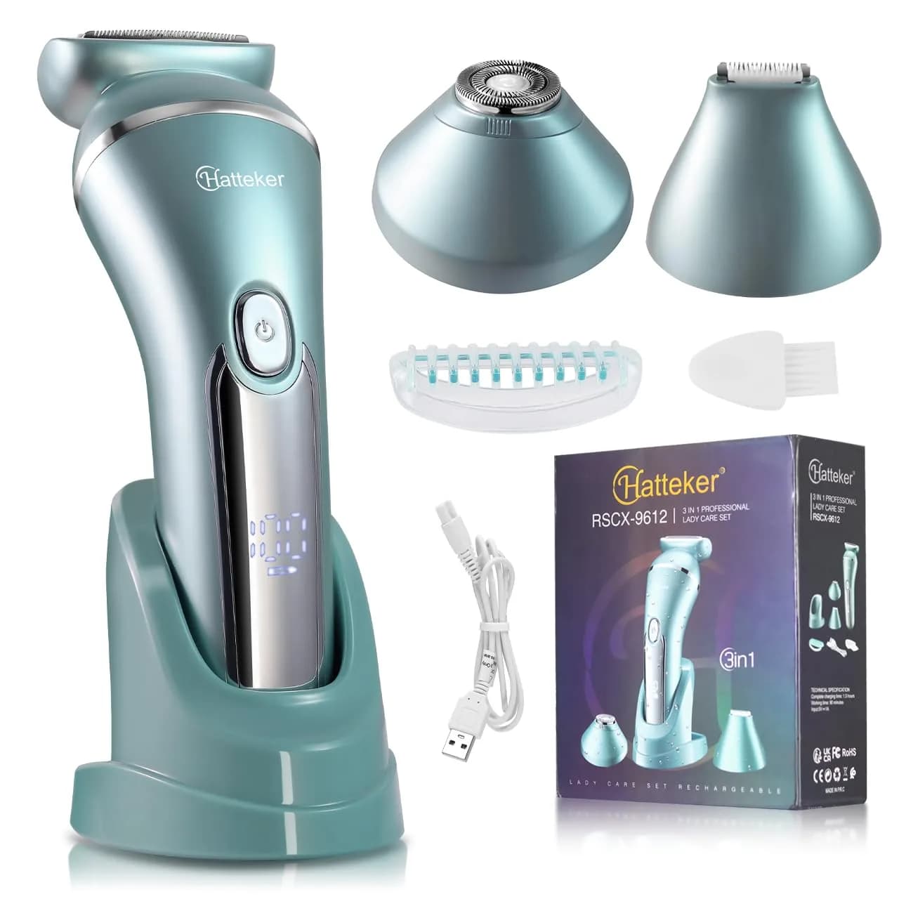 Hatteker 3-in-1 Women's Electric Shaver & Epilator Kit, IPX7 Waterproof, Cordless USB Rechargeable - main product image