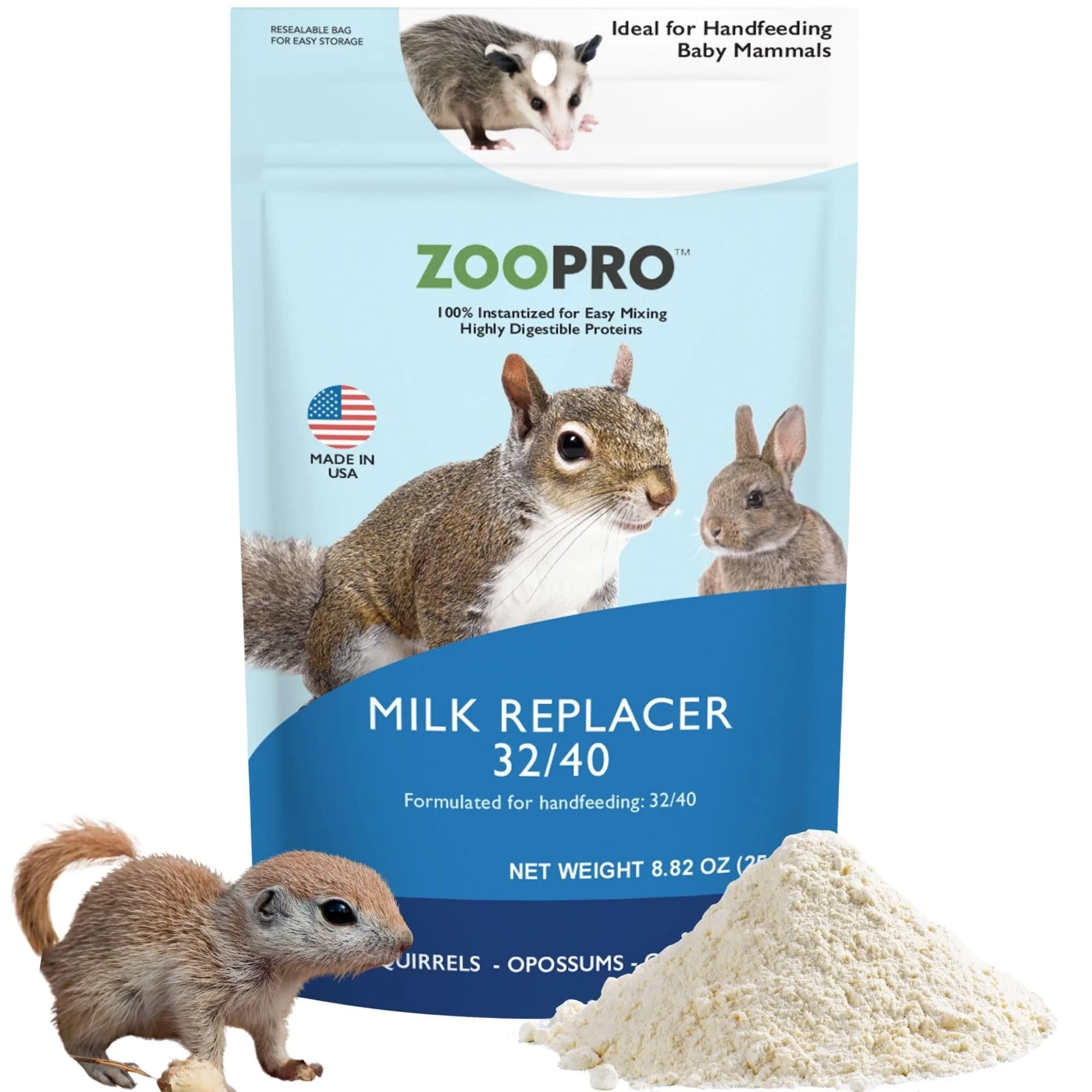 Exotic Nutrition ZooPro Milk Replacer Powder 250g (8.8 oz) | For Baby Squirrels, Rabbits, Opossums, Raccoons — ZooPro Milk Replacer 32/40 8.8 oz.