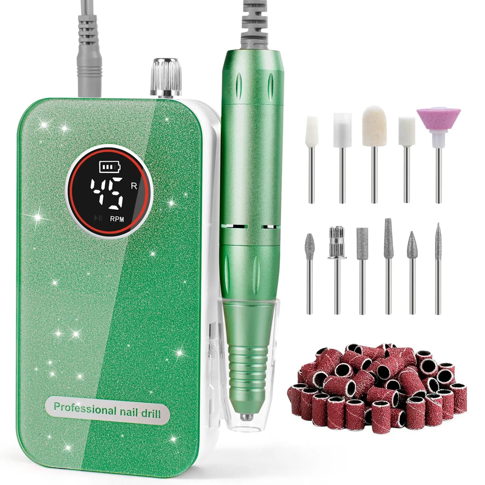 HQMPHQ Pink Professional Nail Drill Electric File 45000RPM | Low Noise & Rechargeable for Acrylic Gel Nails — Fresh Green