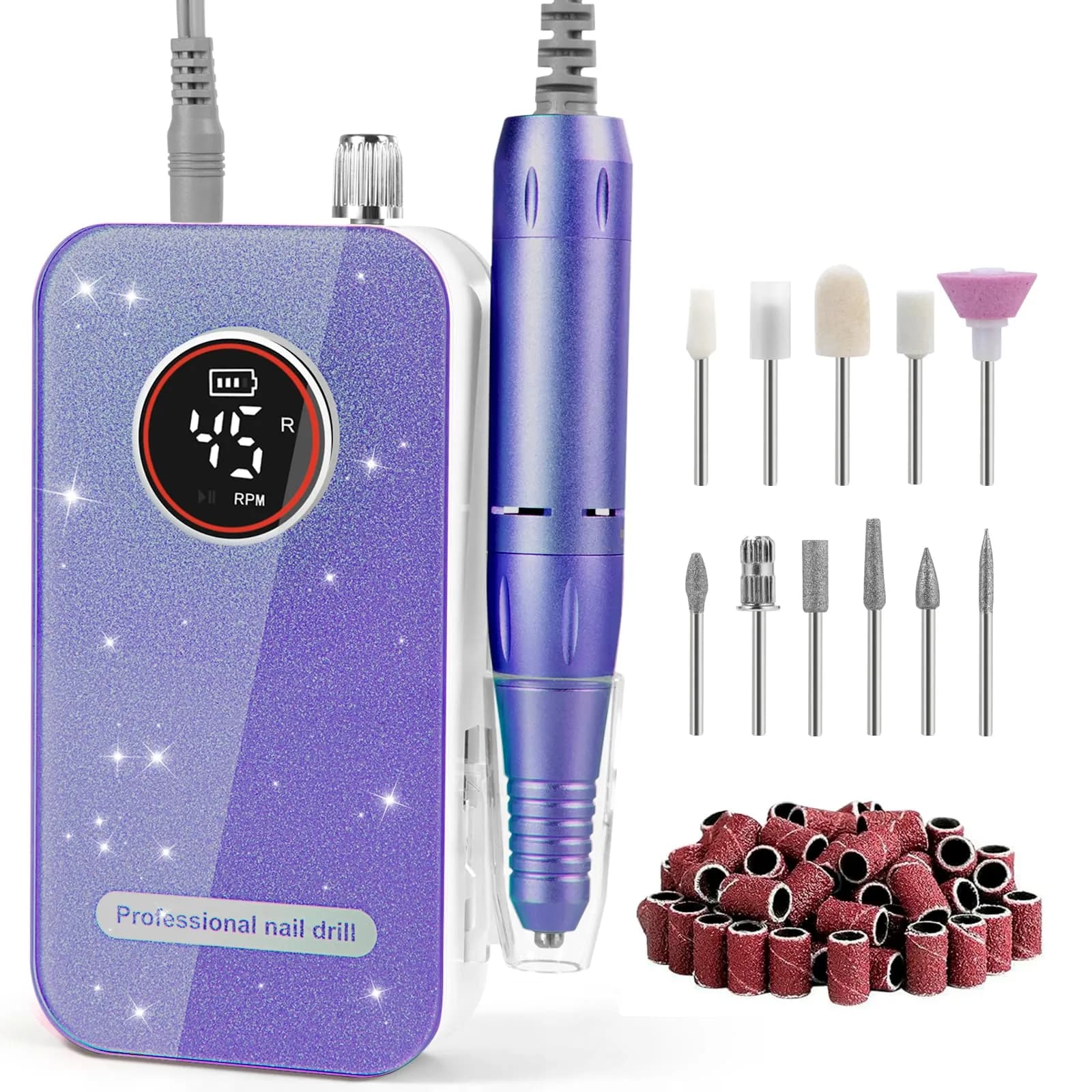 HQMPHQ Pink Professional Nail Drill Electric File 45000RPM | Low Noise & Rechargeable for Acrylic Gel Nails — Purple