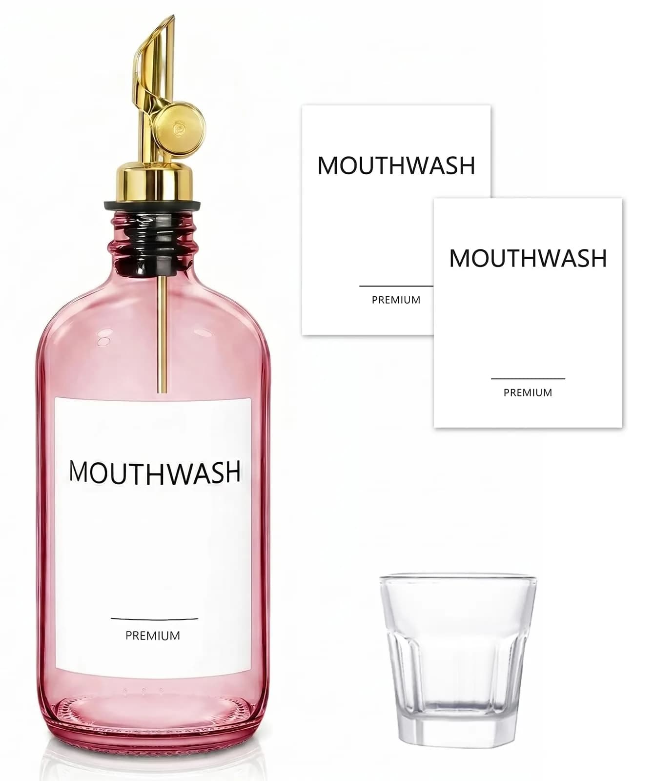 TOLDATLI Pink Glass Mouthwash Dispenser 502ml (17 fl oz) | Auto-Flip Cap for Precise Pouring — Pink