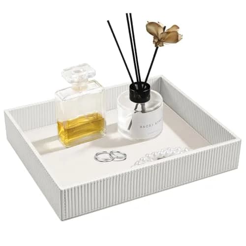 SITHON Valet Tray Desk Organizer PU Leather Catchall Stripe Pearl White 28cm (11in) x 22.5cm (8.9in) x 6cm (2.4in) | Modern Style Catchall Tray thumbnail 1
