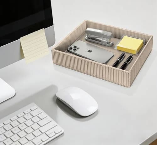 SITHON Valet Tray Desk Organizer PU Leather Catchall with Wood Structure, Stripe Latte | Modern Rectangular Organizer for Keys, Phones, Jewelry thumbnail 4