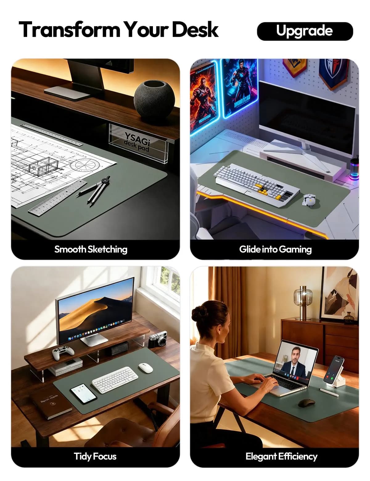 YSAGi Leather Desk Pad Protector, Large Mouse Pad, 55" x 17.2" | Protects Desk from Scratches, Stains, Spills thumbnail 2