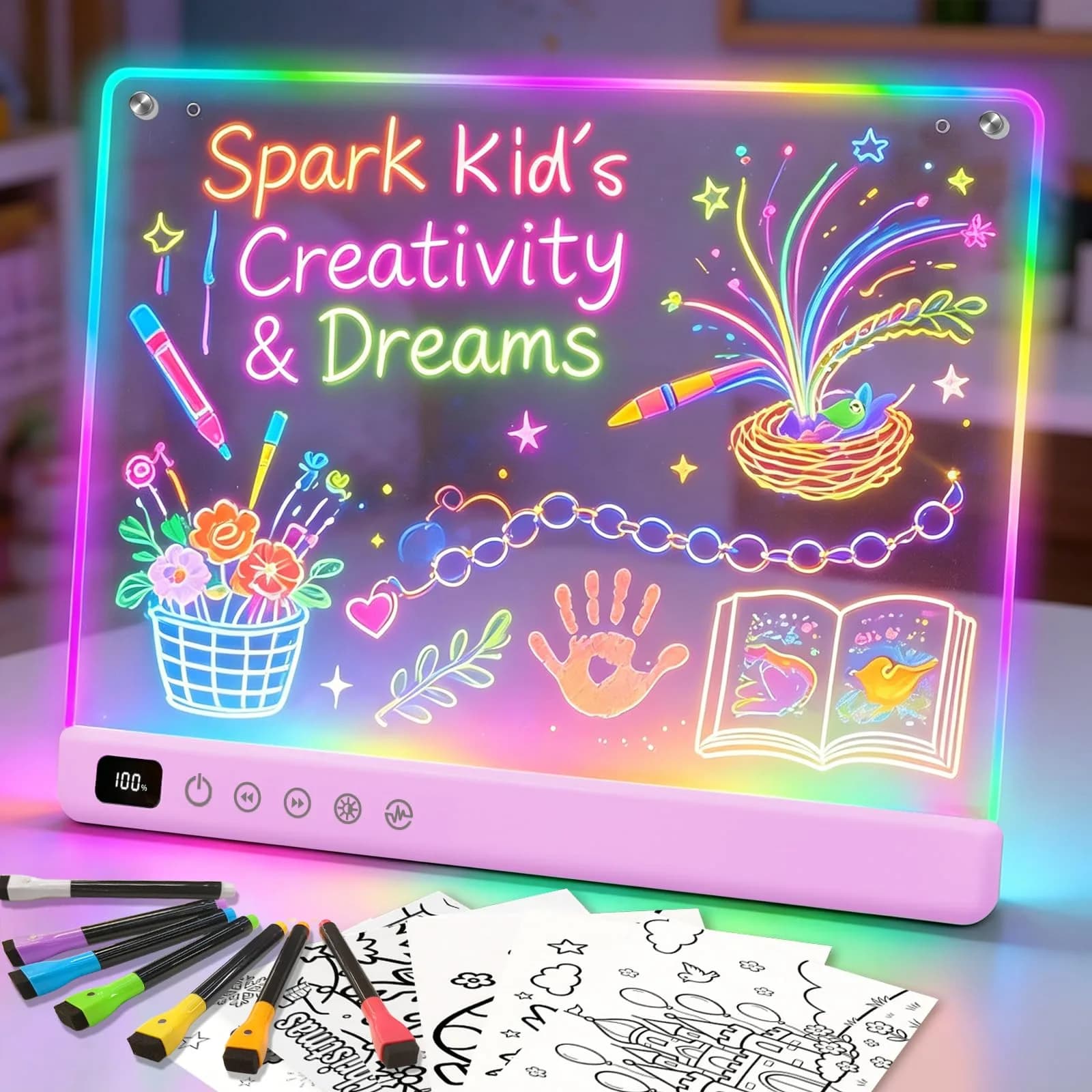 Lumiboard LED Drawing Board with Stand, 16" Rechargeable Glow Doodle Tablet, 8 RGB Colors & 6 Modes | Purple
