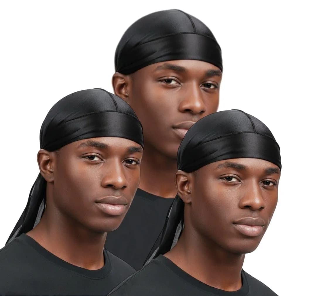 COCOSILK Black Silky Satin Durag for Men & Women, Long Tail Headwrap for Waves (1 pc) — Black + Black + Black