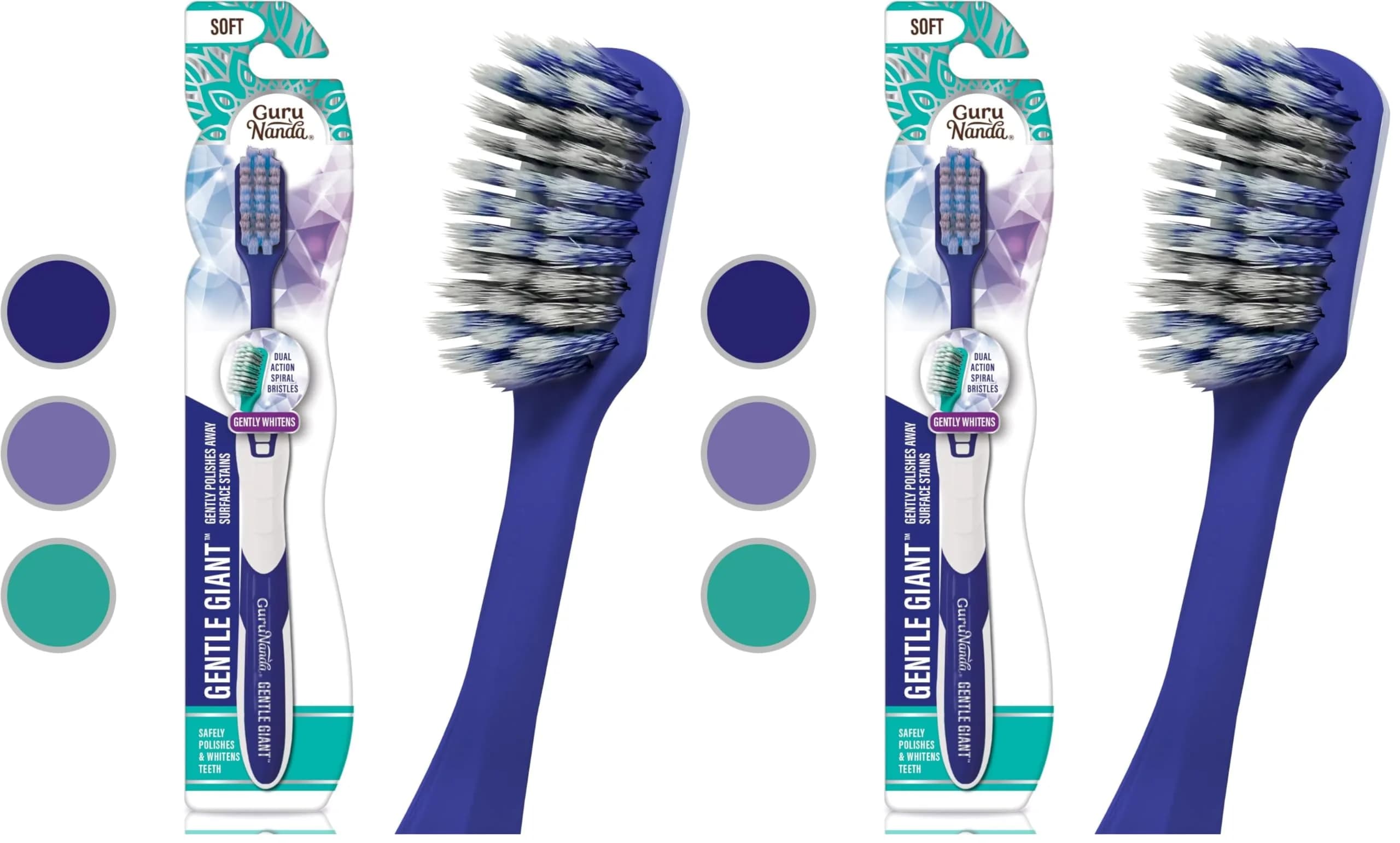 GuruNanda Gentle Giant Toothbrush with Dual Action Flossing Spiral Bristles, Non-Slip Ergo Dexa Grip, BPA Free, 2 Count | Dentist Recommended