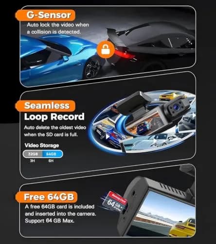 Wagoyo Dashcam Front and Inside | 1080p Night Vision Wide Angle 3.16 Inch IPS Screen thumbnail 3