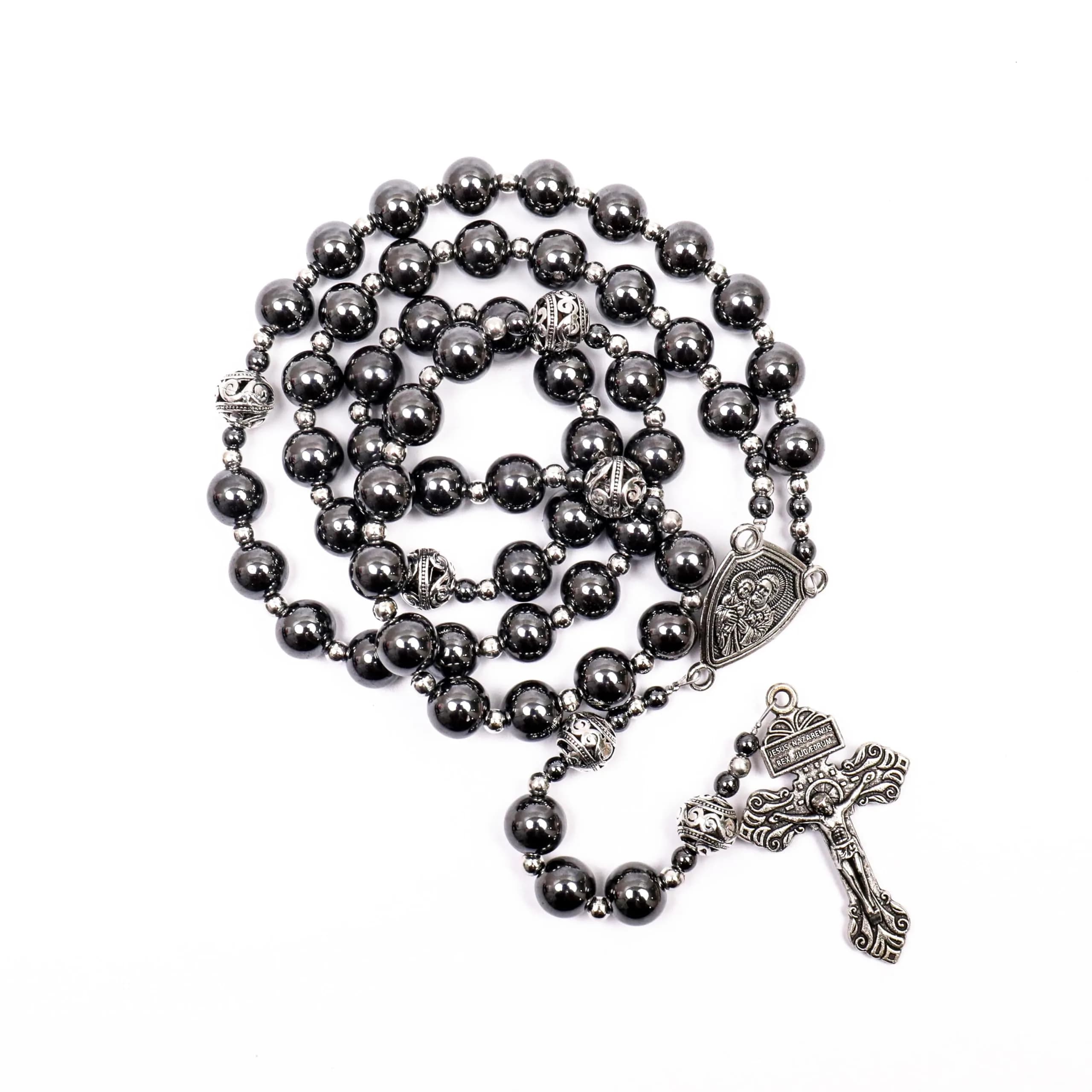Nazareth Store Hematite Rosary Necklace for Men Black Stone Beads 50cm (20") | Traditional Saint Joseph Medal & Cross — Saint Joseph