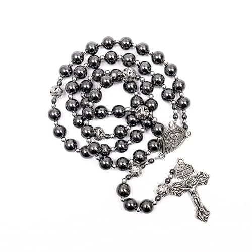 Nazareth Store Hematite Rosary Necklace for Men Black Stone Beads 50cm (20") | Traditional Saint Joseph Medal & Cross thumbnail 1