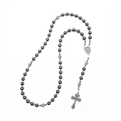 Nazareth Store Hematite Rosary Necklace for Men Black Stone Beads 50cm (20") | Traditional Saint Joseph Medal & Cross thumbnail 4