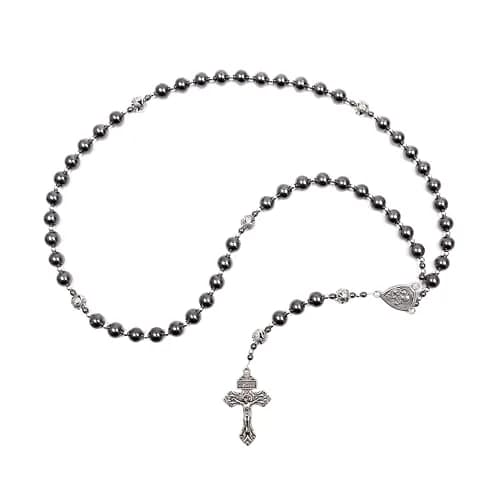 Nazareth Store Hematite Rosary Necklace for Men Black Stone Beads 50cm (20") | Traditional Saint Joseph Medal & Cross thumbnail 9