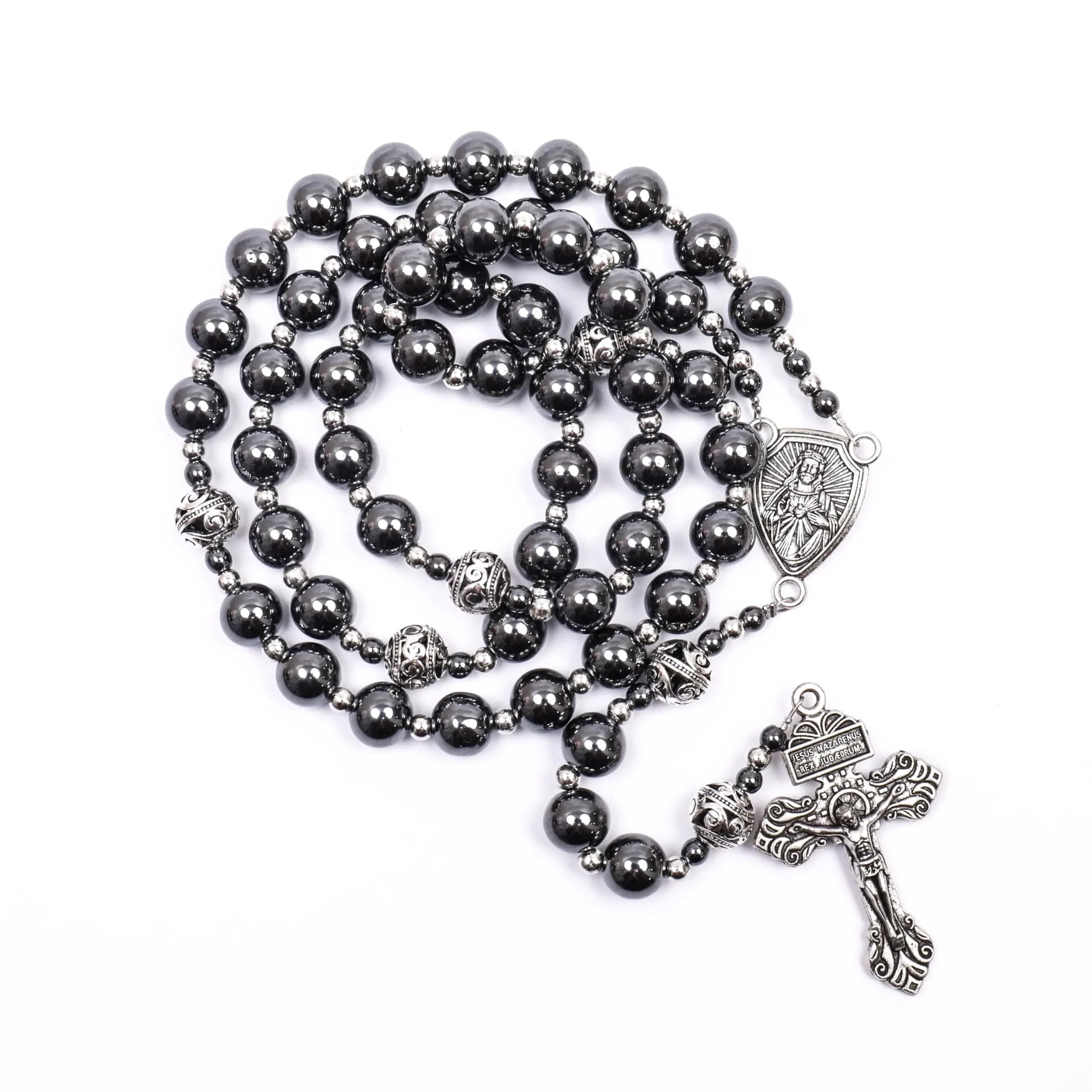 Nazareth Store Hematite Rosary Necklace for Men Black Stone Beads 50cm (20") | Traditional Saint Joseph Medal & Cross — Our Father