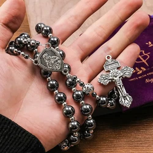 Nazareth Store Hematite Rosary Necklace for Men 50cm (20") | Devotional Strength & Spiritual Authority thumbnail 7