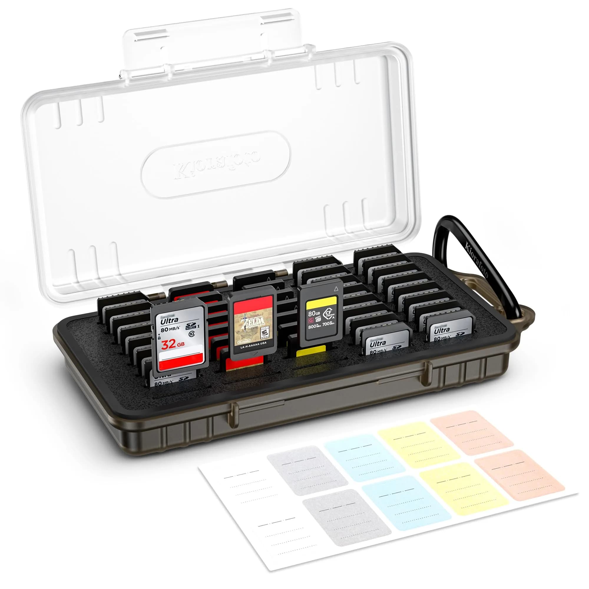 Kiorafoto 40 Slot SD Card Holder 203.4mm (8 inches) | Protects SD, MicroSD, CFexpress Type A, PSV, Switch Cards — TRANSPARENT