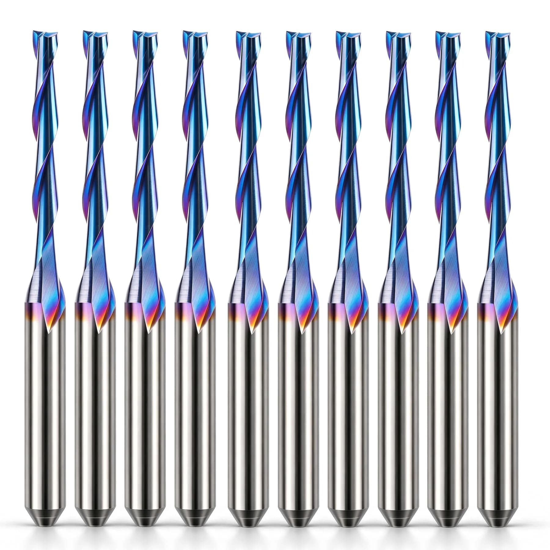 HQMaster 1/8" Shank CNC Router Bits 2 Flute Upcut End Mill 10pcs | 3.175mm Carbide for Wood PVC Acrylic — 0.08"CED x 1/8"SD x 11/16"CEL x 1-1/2"OA