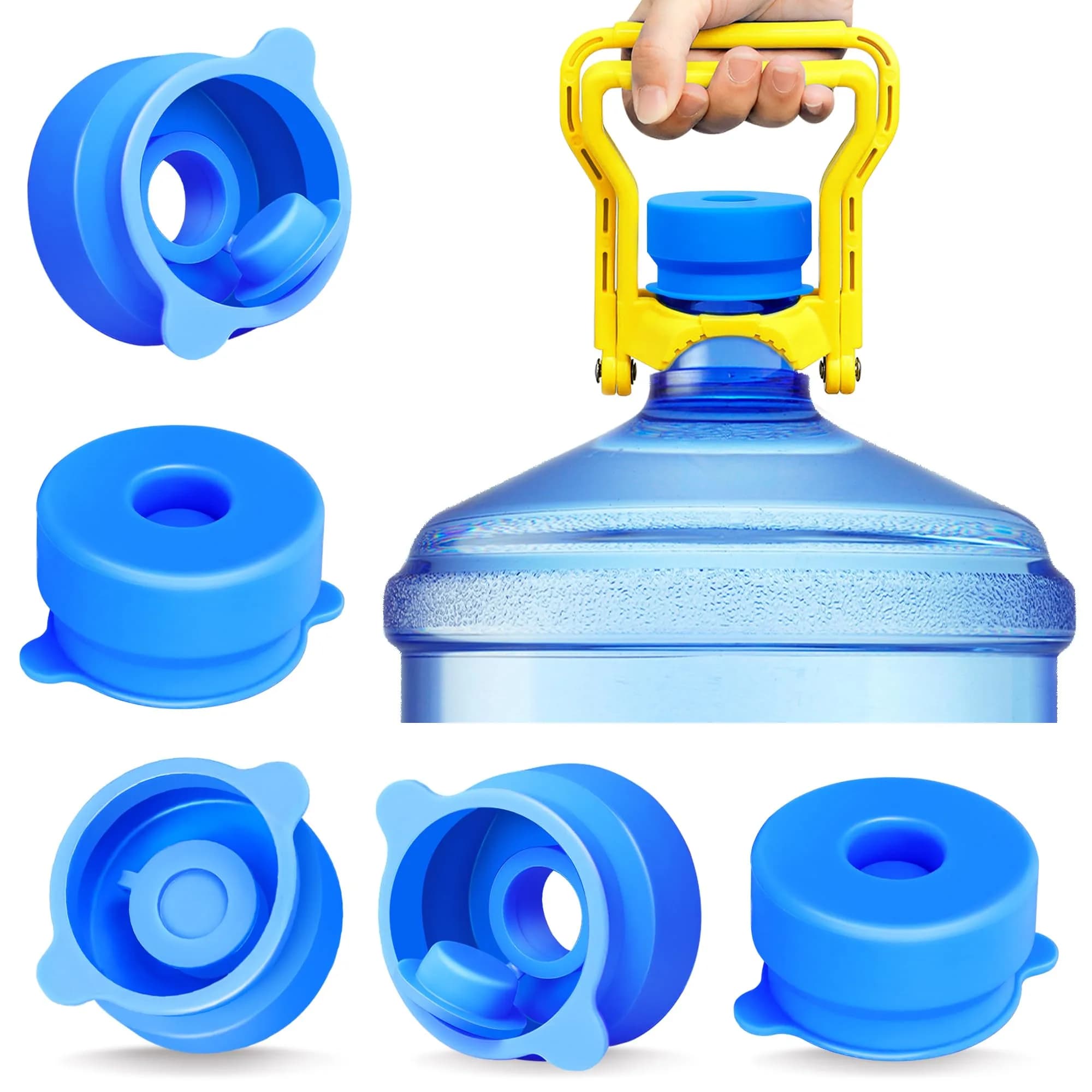 U-Goforst 6-Piece Water Jug Cap & Handle Set | 5 Gallon Reusable Silicone Caps & Ergonomic Lift Handle