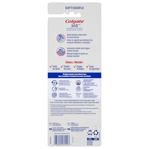 Colgate 360 Advanced Whitening Soft Toothbrush Pack, 8 Count | Helps Clean Teeth, Tongue, Cheeks, & Gums thumbnail 8