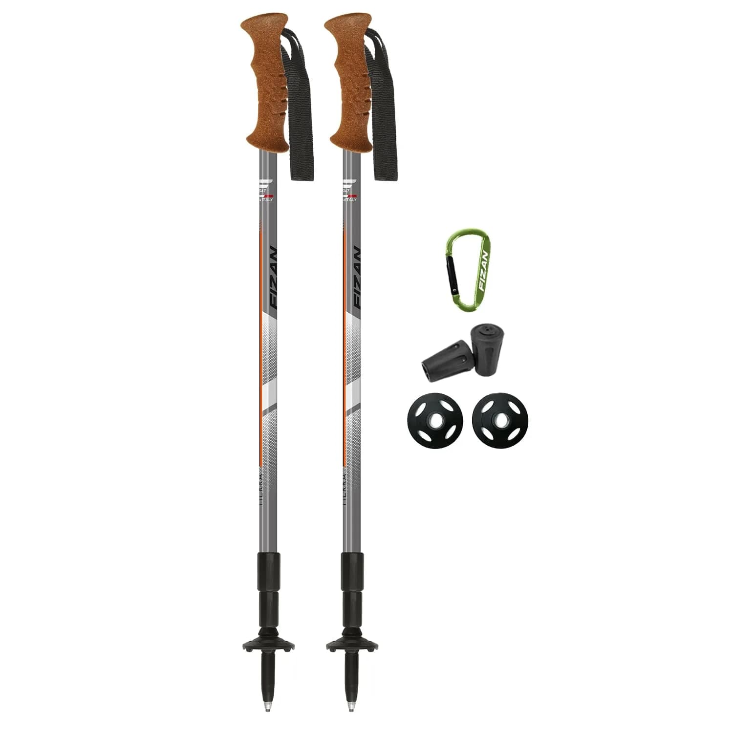 Fizan Tierra Trekking Poles – 7.9 oz, Ultralight, Adjustable, Collapsible, Aluminum, Cork Grip, Green — Grey / Orange