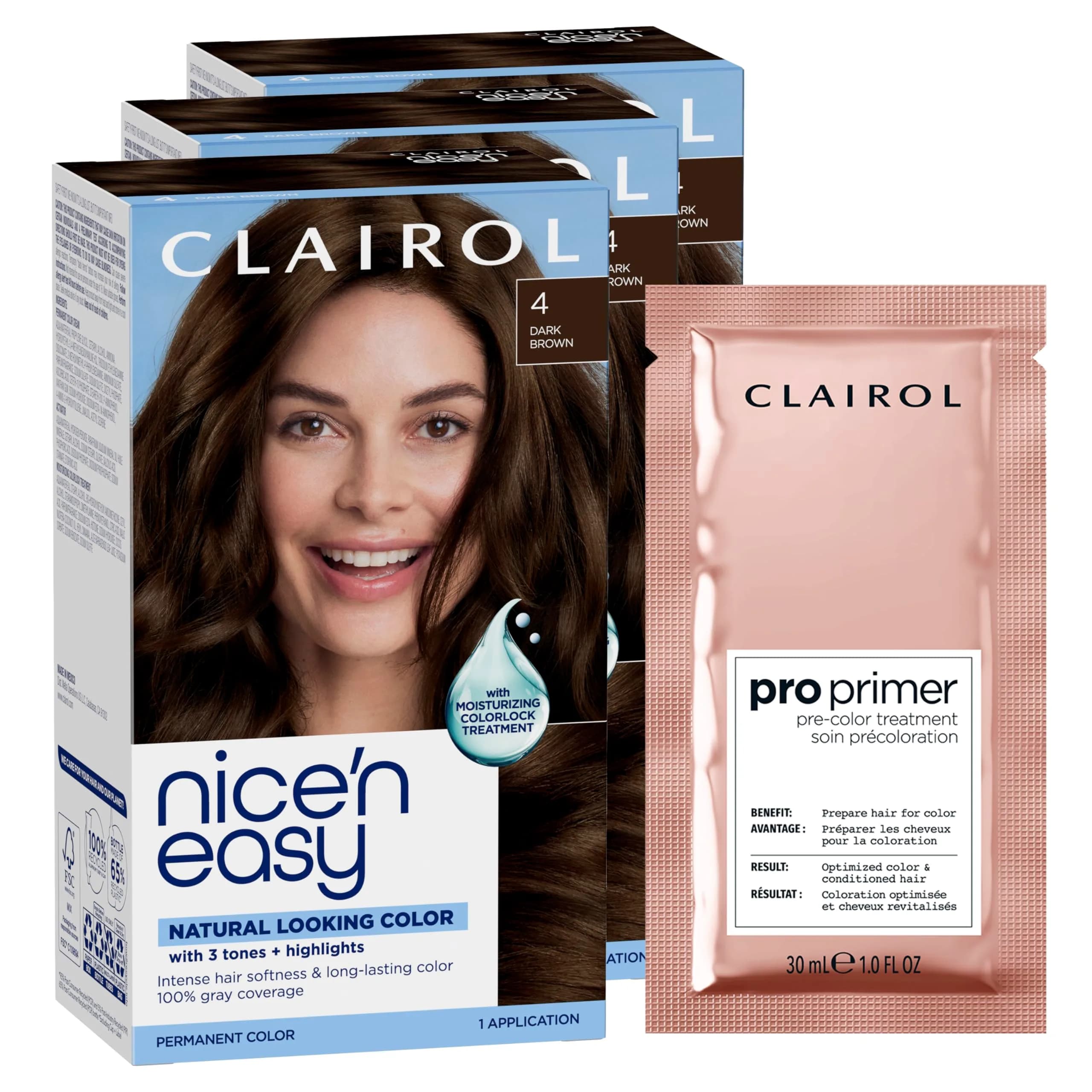 Clairol Nice'n Easy Permanent Hair Dye 4 Dark Brown with Pro Primer Sachet - Single Pack