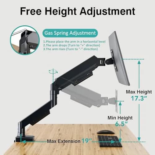 AX WABER Single Monitor Arm for 17-32 inch Screens | Gas Spring Adjustable VESA Mount with Clamp & Grommet Base thumbnail 6