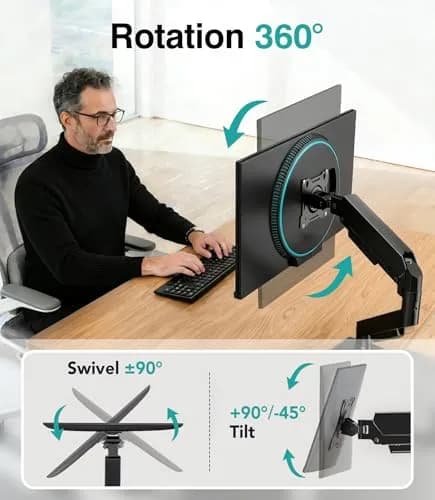 AX WABER Single Monitor Arm for 17-32 inch Screens | Gas Spring Adjustable VESA Mount with Clamp & Grommet Base thumbnail 4