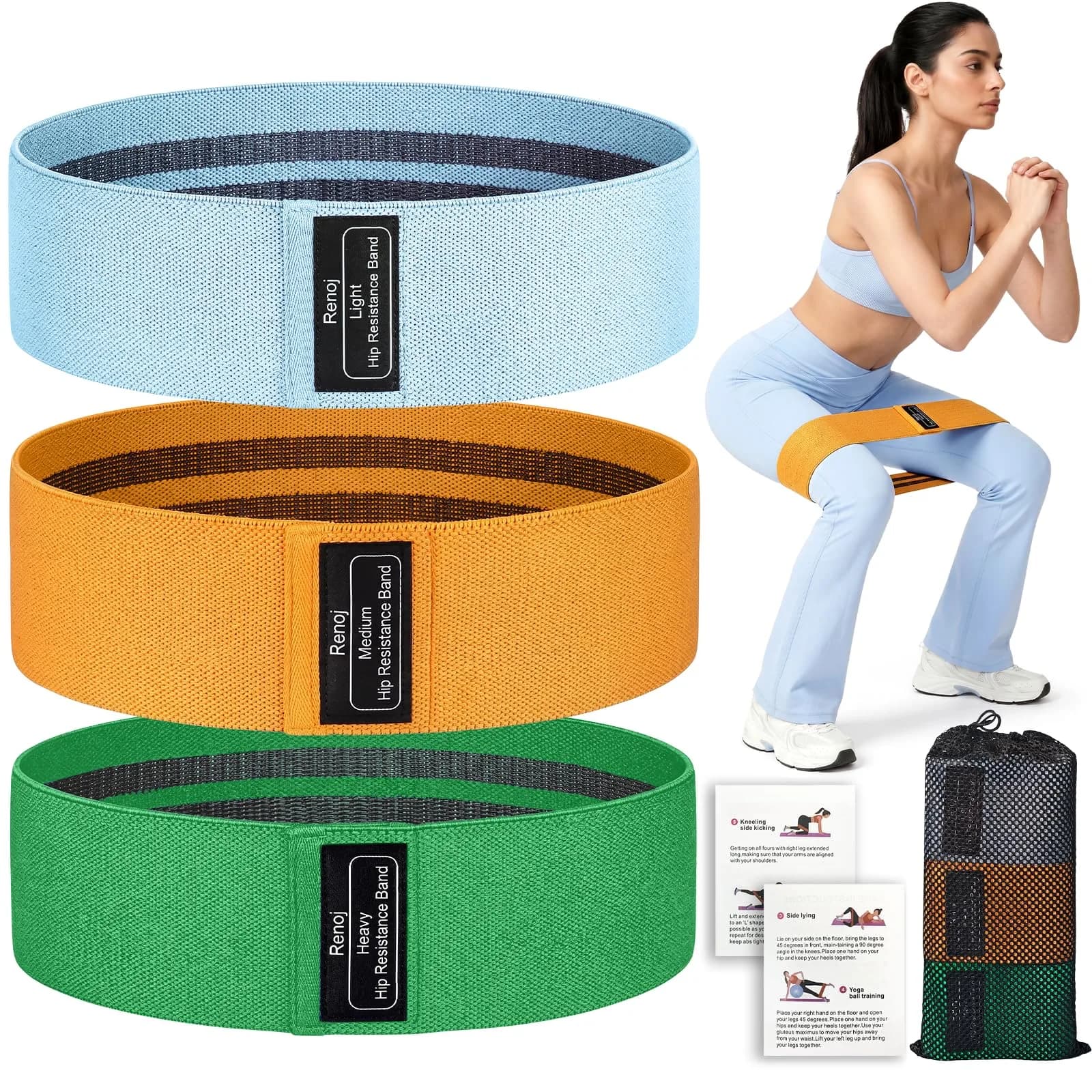 Renoj Booty Resistance Bands Set, 3 Non Slip Hip Exercise Bands for Legs & Butt, Resistance 35 lbs | Fitness & Strength Training — Green