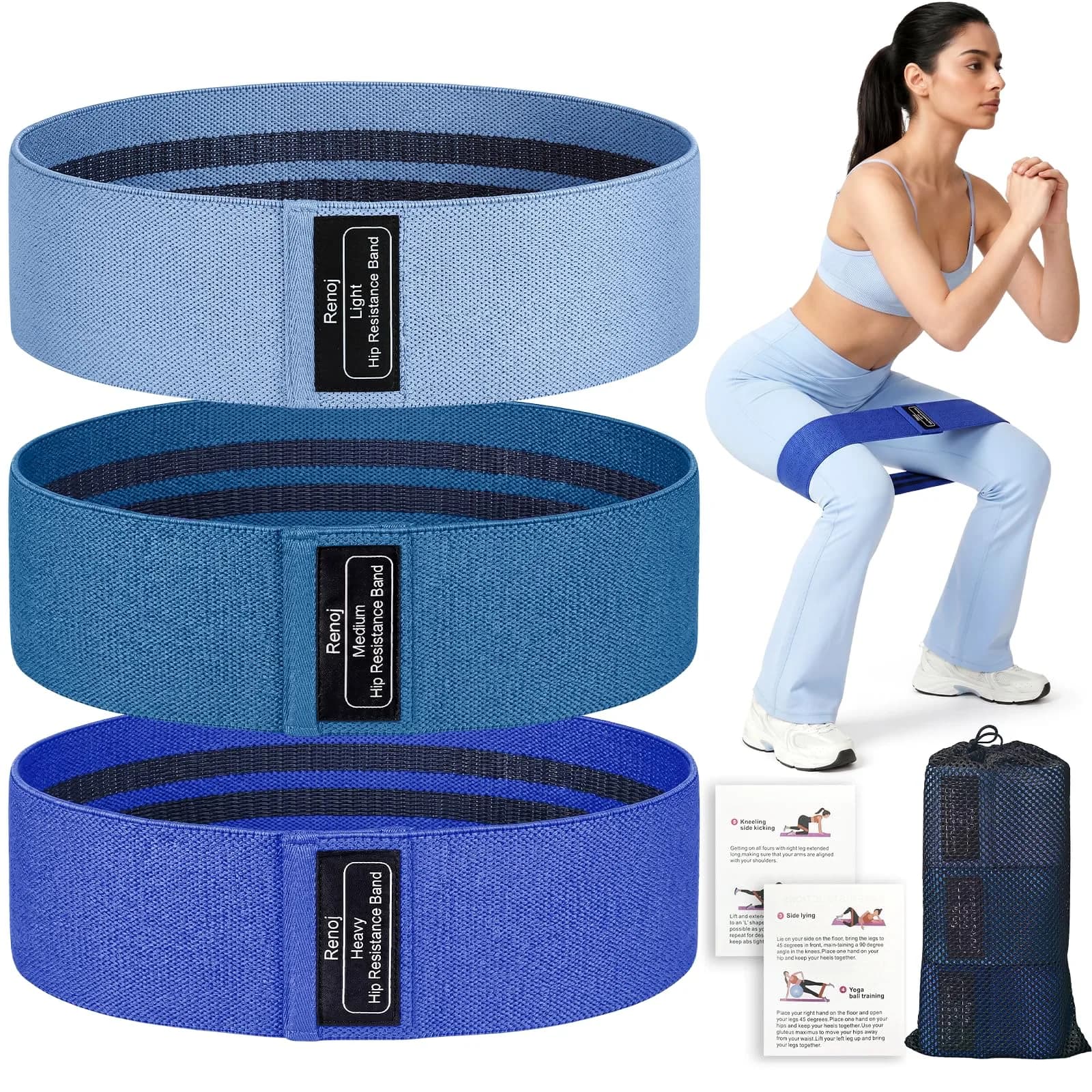 Renoj Resistance Bands for Working Out: 3-Set Exercise Bands for Pilates, Yoga, Home Gym, Booty, Leg Training | Heavy/Medium/Light Fabric Loops for Women Men