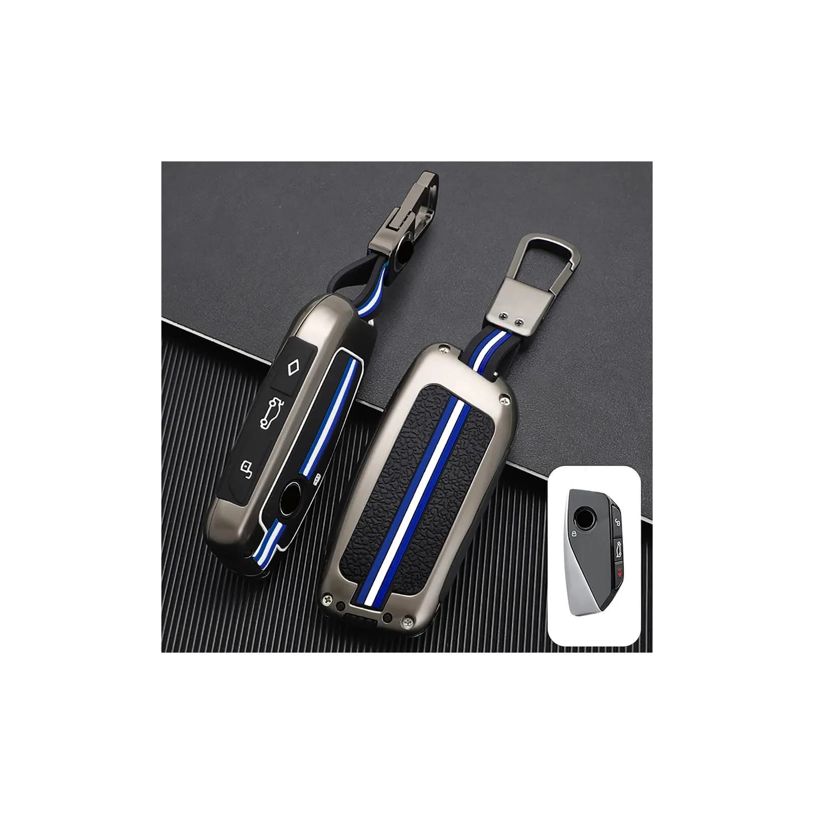 OLLEN Heavy Zinc Alloy Key Fob Cover for BMW 2023-2026 5/7 Series X1-X7 XM IX I5 etc. Gunmetal Blue Line (1 Pcs) - main product image