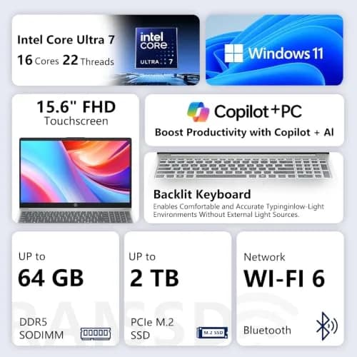 HP 15.6 Touchscreen Ultra 7 155H 2026 Edition AI Laptop,16GB DDR5 512GB SSD | 15.6 inch FHD Touch, Intel Core Ultra 7, Windows 11 thumbnail 2