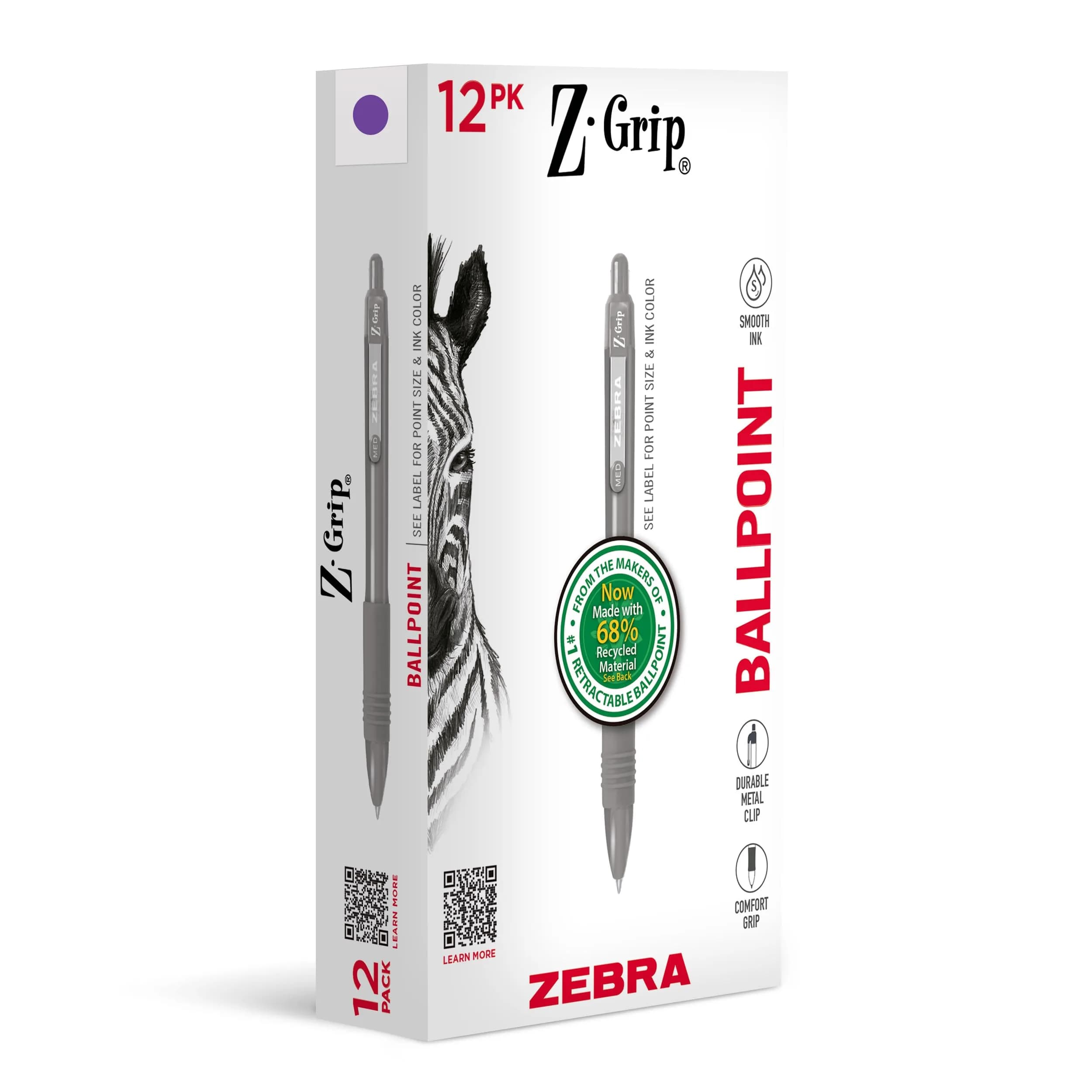 Zebra Pen Z-Grip Recycled Ballpoint Pen, Blue Ink, 1.0mm, 48 Bulk-Pack | Smooth Writing Pens for Office & School — Purple Ink