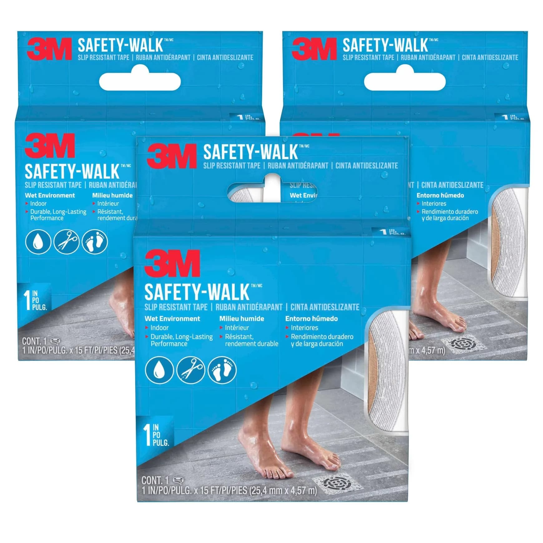 3M Safety-Walk Slip Resistant Tape 1 in (2.54 cm) x 15 ft (4.57 m) Rolls, 3-Pack | Clear, Water-Resistant, Durable for Wet Environments
