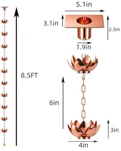 Wellrain Rose Gold Lotus Rain Chain 2.59 m (8.5 FT) | Decorative Downspout Replacement with Crystal Pendant thumbnail 3