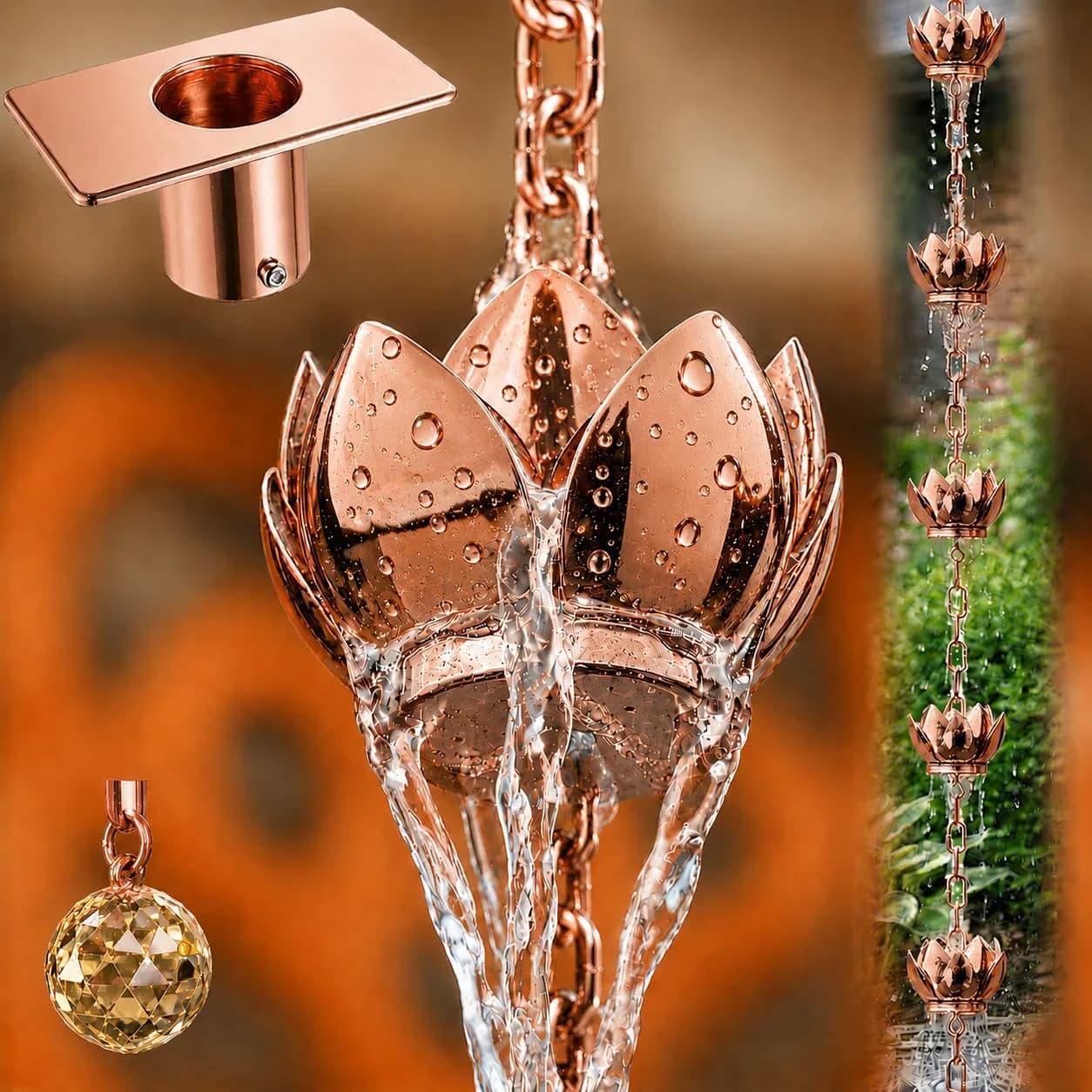 Wellrain Black Lotus Rain Chain 2.59 m (8.5 FT) with 12 Cups | Decorative Gutter Downspout Replacement for Gardens & Patios — Rose Gold