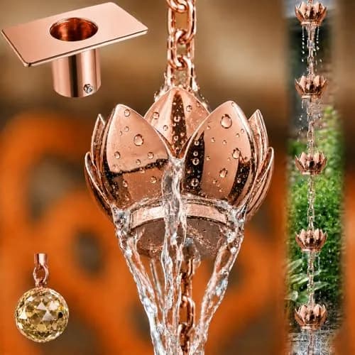 Wellrain Rose Gold Lotus Rain Chain 2.59 m (8.5 FT) | Decorative Outdoor Water Feature with 12 Flower Cups thumbnail 1