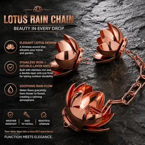 Wellrain Rose Gold Lotus Rain Chain 2.59 m (8.5 FT) | Decorative Outdoor Water Feature with 12 Flower Cups thumbnail 2