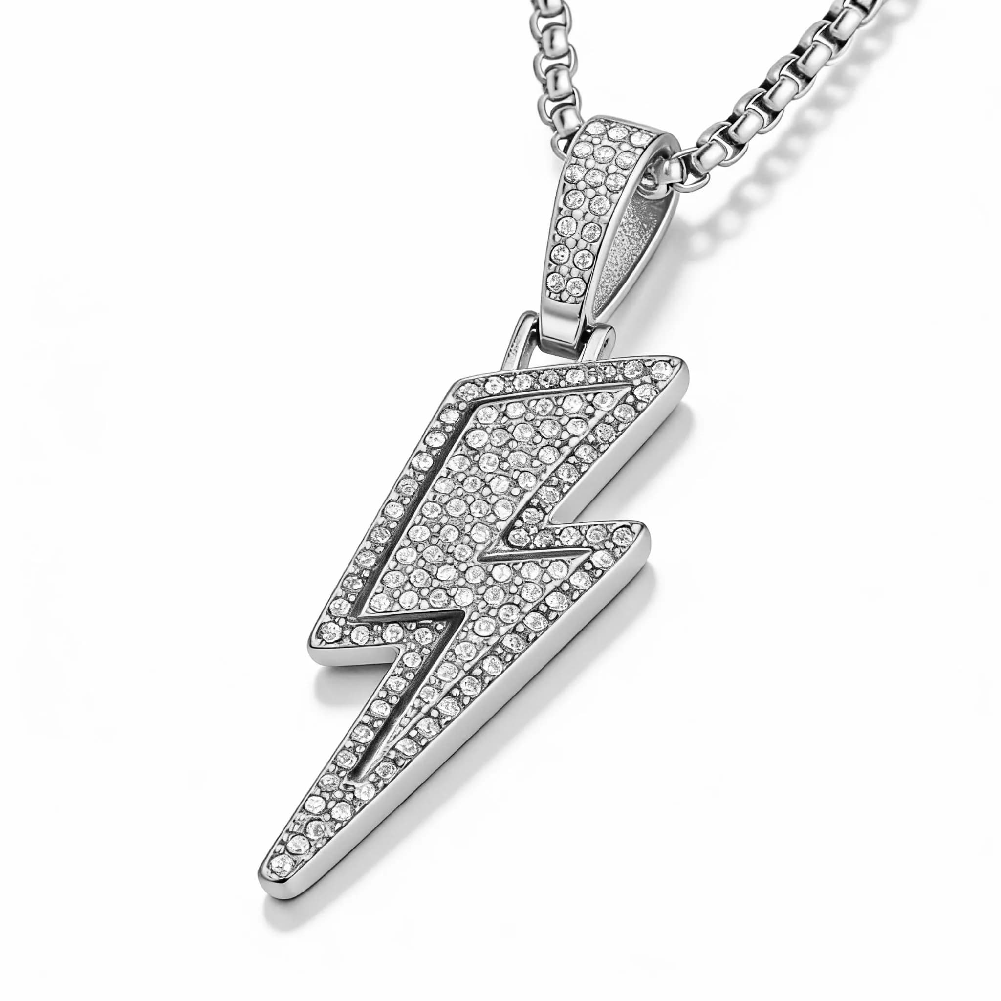 AsAlways Lightning Bolt Necklace for Men | Hip Hop Urban Style | 22"+2" Rolo Chain — Large CZ-Silver