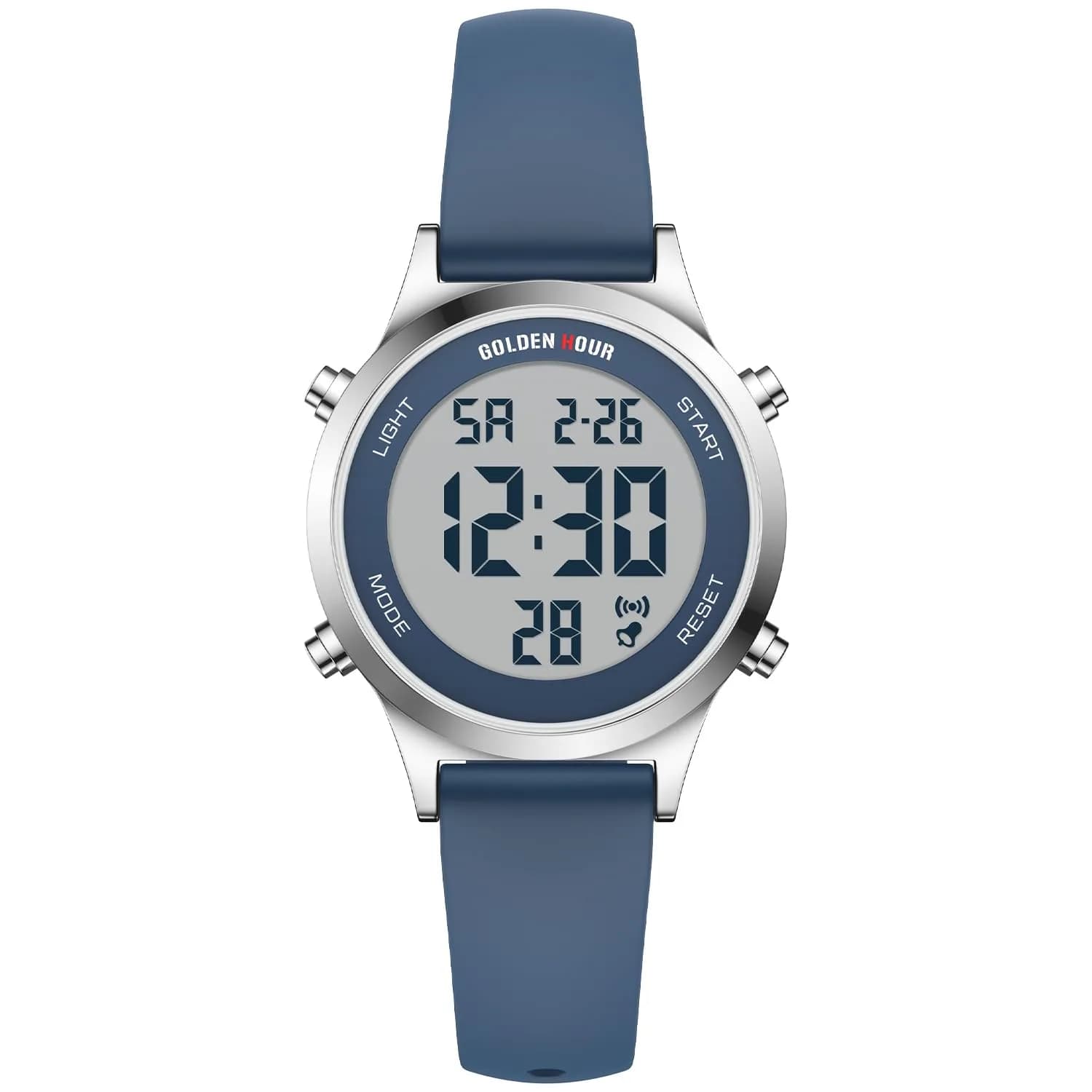 GOLDEN HOUR Women's Waterproof Digital Sports Watch 32mm Rose Gold Case in Sand Pink Strap — Blue/Silver