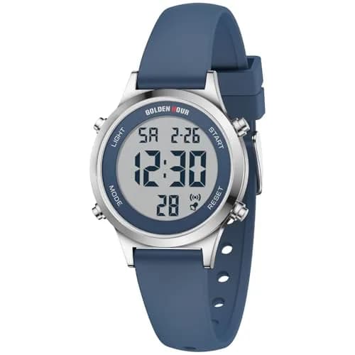 GOLDEN HOUR Women's Waterproof Digital Sports Watch 32mm Silver Case in Blue Strap | 50M Water-Resistant, Alarm & Stopwatch thumbnail 2