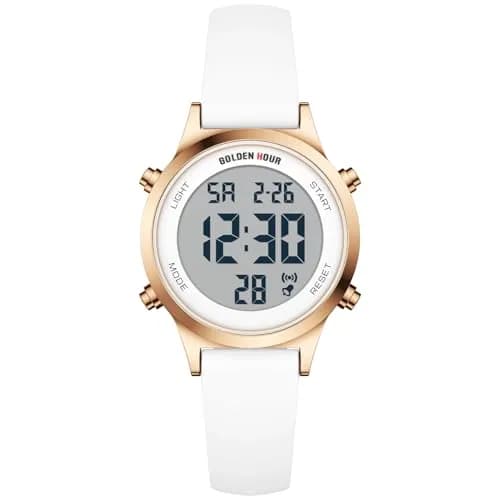 GOLDEN HOUR Women's Waterproof Digital Sports Watch 32mm Rose Gold Case in White Silicone Strap thumbnail 1