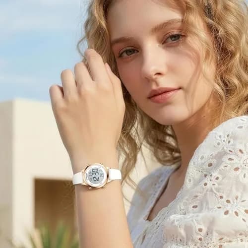 GOLDEN HOUR Women's Waterproof Digital Sports Watch 32mm Rose Gold Case in White Silicone Strap thumbnail 7