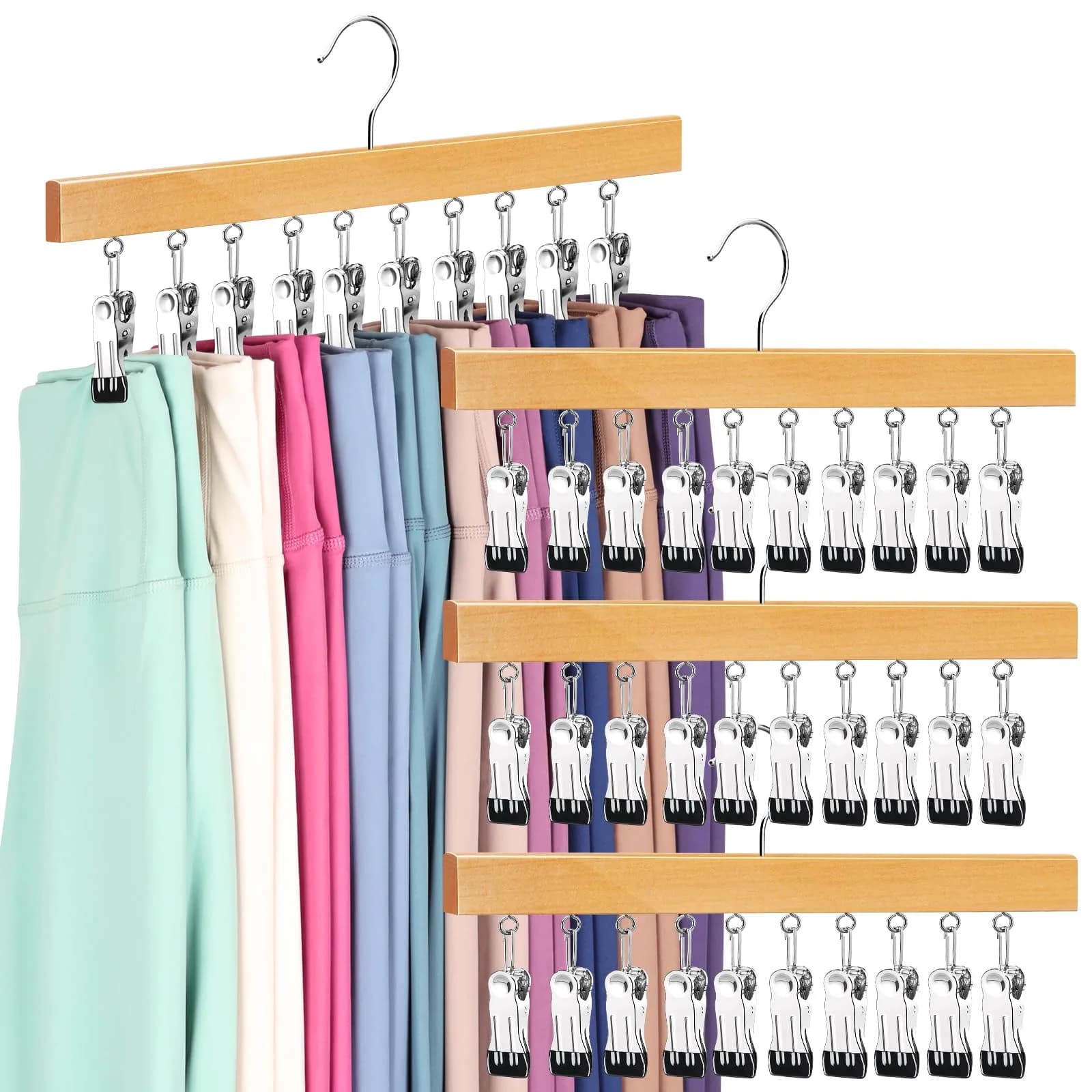 ORROENS Legging Organizer for Closet, 2 Pack Pants Hangers with Clips, 15.8in (40.1cm) Width — Natural